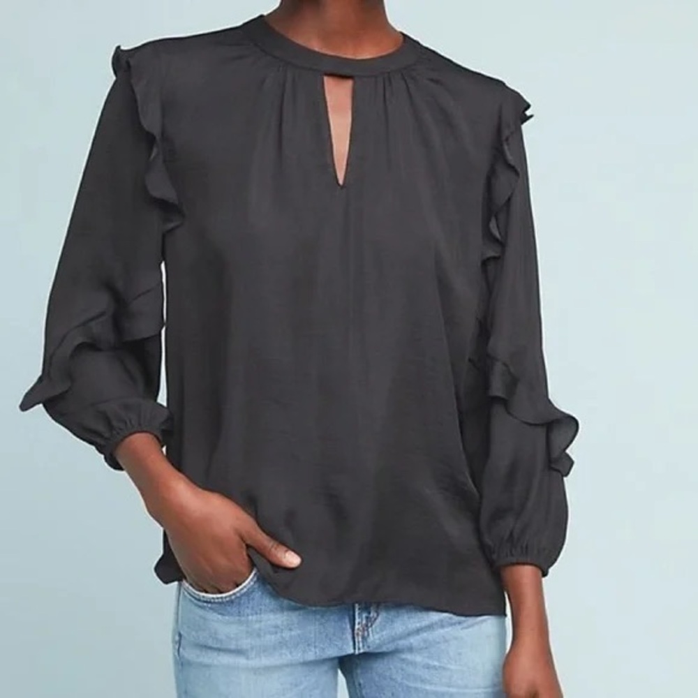 ANTHROPOLOGIE Dolan Black Ruffle Sleeve Blouse S